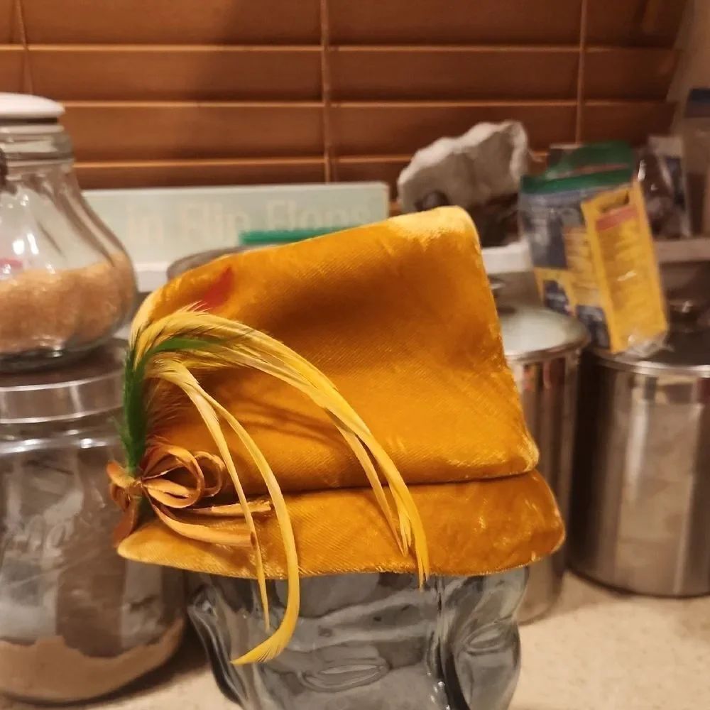 Vintage Gold Velvet Hat with Feather Accent Union Made